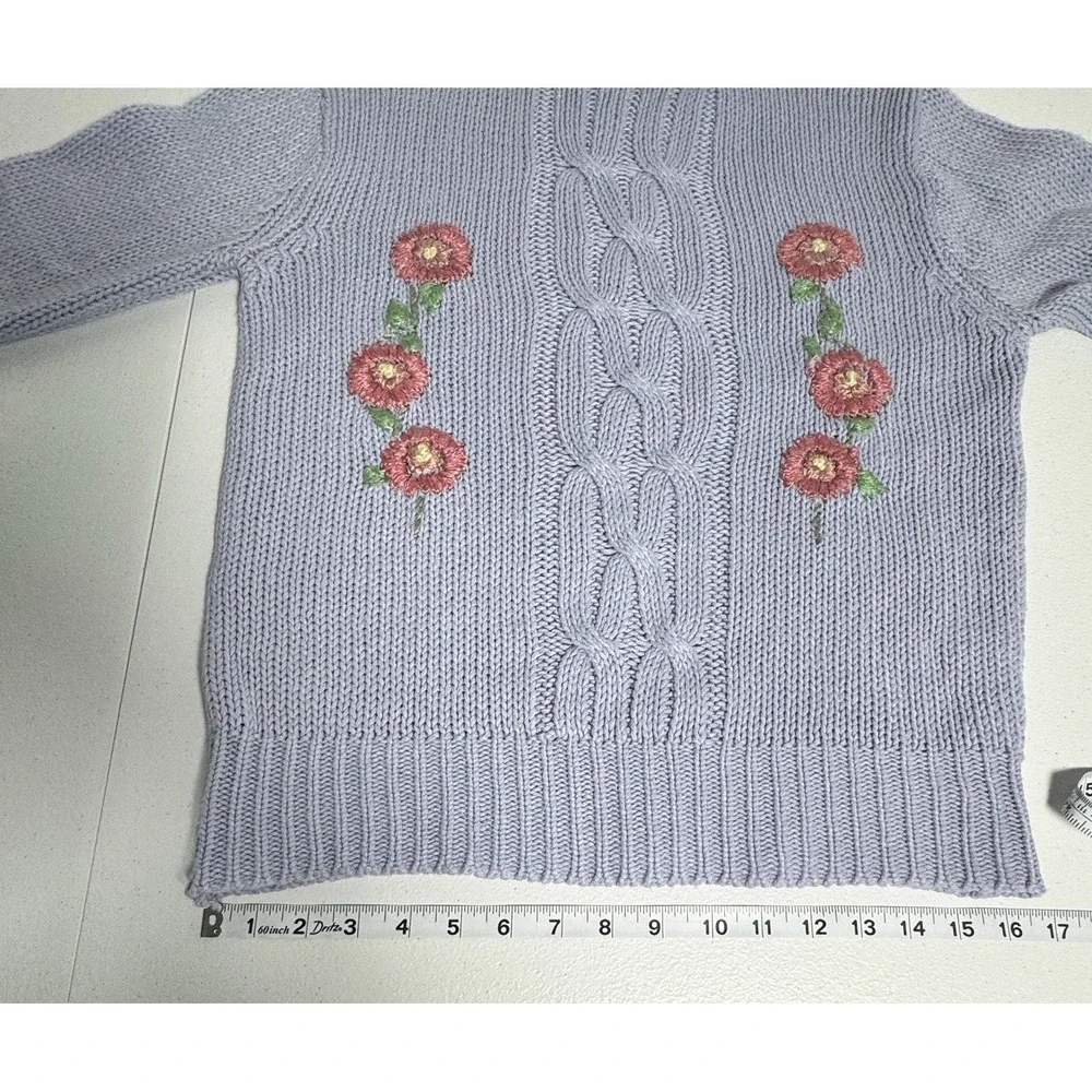 Vintage Purple Cable Knit Sweater Floral Embroidered Cottagecore S/M Grannycore